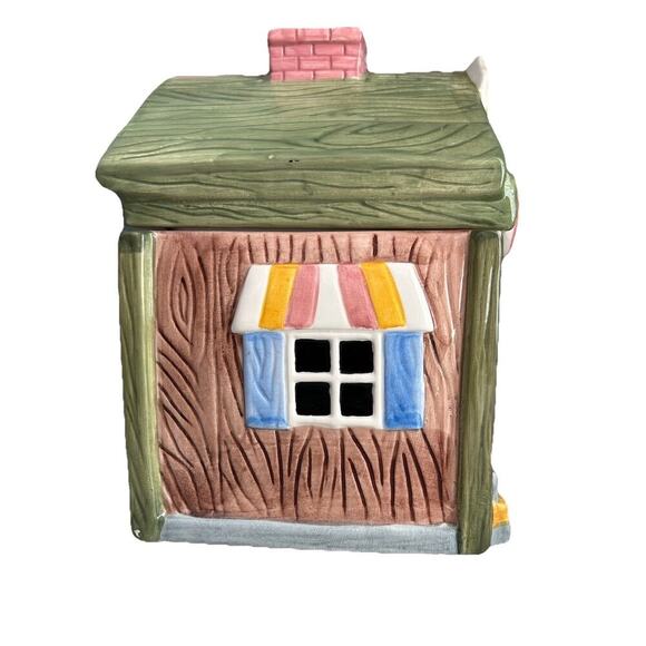 Vintage General Store Cookie Jar By GKAO Ceramic Brown House Welcome Apples Eggs - Picture 8 of 16